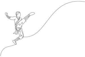 Single continuous line drawing young muscular shaolin monk man train jumping kick at shaolin temple. Traditional Chinese kung fu fight concept. Trendy one line draw graphic design vector illustration