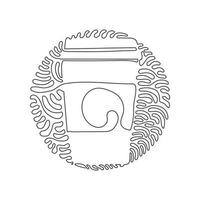 Single one line drawing coffee milk paper cup. Hot chocolate drink to crave for refreshing feeling. Swirl curl circle background style. Modern continuous line draw design graphic vector illustration