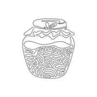 Single continuous line drawing honey jar. Apiary symbol. Bee, honey, honey bank. Honey natural healthy food production. Swirl curl style. Dynamic one line draw graphic design vector illustration