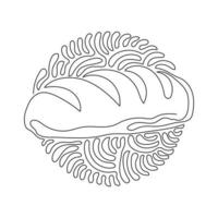 Single continuous line drawing baguette loaf of bread. White yeast bread. Appetizing long loaf. Bakery products. Swirl curl circle background style. One line draw graphic design vector illustration