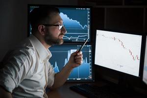 Exchange conception. Bearded man in white shirt works in the office with multiple computer screens in index charts photo