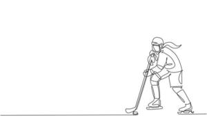 One single line drawing of young ice hockey player in action to play a competitive game on ice rink stadium vector graphic illustration. Sport tournament concept. Modern continuous line draw design