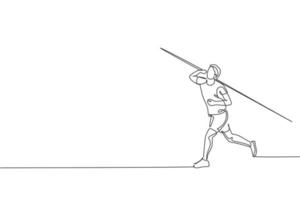 One continuous line drawing of young sporty man exercise to concentrate before throw javelin on the field. Athletic games. Olympic sport concept. Dynamic single line draw design vector illustration