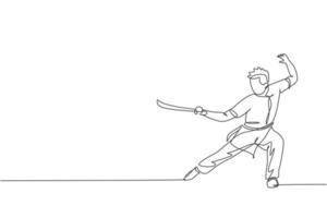 One continuous line drawing of young wushu master man, kung fu warrior in kimono with sword on training. Martial art sport contest concept. Dynamic single line draw design graphic vector illustration