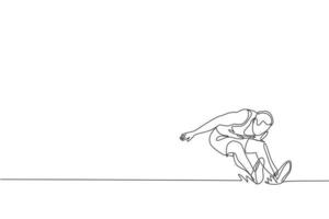 One continuous line drawing of young sporty man practicing to land on sand pool after long jump. Healthy athletic sport concept. Championship event. Dynamic single line draw design vector illustration