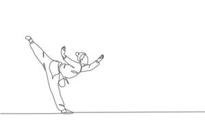 un dibujo de una sola línea de una mujer joven en el ejercicio de kimono wushu y la técnica de equilibrio de postura de kung fu en la ilustración vectorial del centro de gimnasia. lucha contra el concepto de deporte de artes marciales. diseño de dibujo de línea continua vector