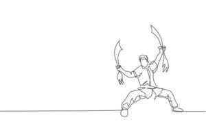 Single continuous line drawing young man wushu fighter, kung fu master in uniform training with swords at dojo center. Fighting contest concept. Trendy one line draw graphic design vector illustration