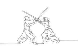 One continuous line drawing of two young sporty men training kendo attack and defense skill in dojo center. Healthy martial art sport concept. Dynamic single line draw design vector illustration