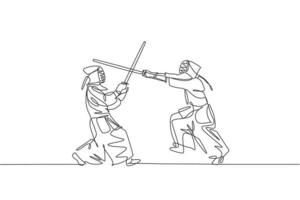 One single line drawing of two young energetic men exercise kendo combat game with wooden sword at gym center vector illustration. Combative fight sport concept. Modern continuous line draw design