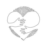 Single one line drawing embrace heart shape design vector template. Embracing icon or logo for health care symbol. Swirl curl circle background style. Modern continuous line draw design graphic vector