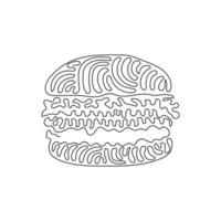 hamburguesa de dibujo de una sola línea, hamburguesa con queso. bollo con chuleta, queso, lechuga, tomate. comida rápida callejera americana. estilo de rizo de remolino. ilustración de vector gráfico de diseño de dibujo de línea continua moderna