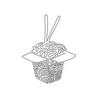 Single continuous line drawing noodle in box. Asian ramen oriental, traditional Chinese restaurant with pasta and chopsticks. Swirl curl style. Dynamic one line draw graphic design vector illustration