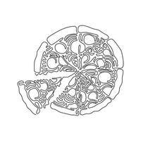 Continuous one line drawing pizza with tomato, cheese, olive, sausage, onion, basil. Delicious traditional Italian fast food. Swirl curl style. Single line draw design vector graphic illustration