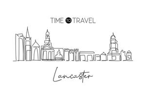 Continuous one line drawing Lancaster city skyline, England. Lancashire beautiful landmark. World landscape tourism travel wall decor poster art. Stylish single line draw design vector illustration