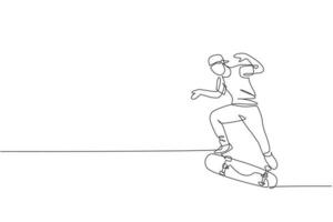 un dibujo de una sola línea de un joven patinador haciendo ejercicio montando patineta en la ilustración vectorial de la calle de la ciudad. estilo de vida adolescente y concepto de deporte extremo al aire libre. diseño moderno de dibujo de línea continua vector