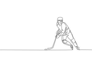 One continuous line drawing of young professional ice hockey player exercising and practicing on ice rink stadium. Healthy extreme sport concept. Dynamic single line draw design vector illustration