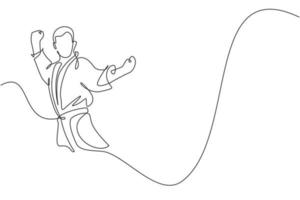 One single line drawing of young sporty karateka man in fight uniform with belt exercising martial art at gym vector illustration. Healthy sport lifestyle concept. Modern continuous line draw design
