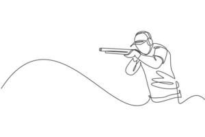 un dibujo de línea continua de un joven en la práctica del campo de entrenamiento de tiro para competir con escopeta de rifle. concepto de deporte de tiro al aire libre. Ilustración de vector de diseño de dibujo de línea única dinámica