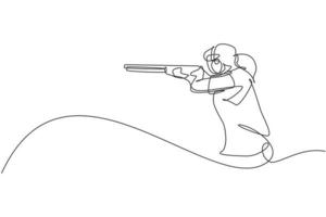 One single line drawing young woman practicing to shot target in range on shooting training ground vector graphic illustration. Clay pigeon shooting sport concept. Modern continuous line draw design