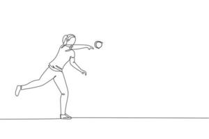 Single continuous line drawing of young sportive woman practice to powerfully throw shot put on the court stadium. Athletic games sport concept. Trendy one line draw design vector graphic illustration