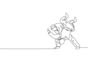 un dibujo de una sola línea de dos jóvenes luchadores judokas enérgicos luchan luchando en el centro de gimnasia ilustración gráfica vectorial. concepto de competición deportiva de artes marciales. diseño moderno de dibujo de línea continua vector