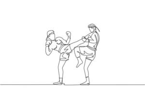 un dibujo de una sola línea de dos jóvenes luchadores de muay thai enérgicos entrenan para duelo en el gimnasio ilustración vectorial del centro de fitness. concepto de deporte de boxeo tailandés combativo. diseño moderno de dibujo de línea continua vector