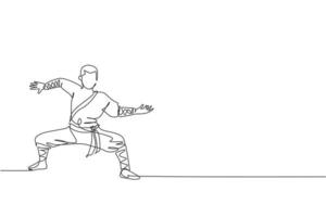 One continuous line drawing of young shaolin monk man practice kung fu style at temple ground . Traditional Chinese combative sport concept. Dynamic single line draw design vector graphic illustration