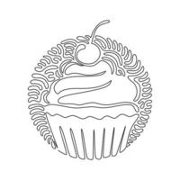 Single one line drawing yummy cupcake with cherry. Sweet tasty cake. Delicious dessert for dinner. Swirl curl circle background style. Modern continuous line draw design graphic vector illustration