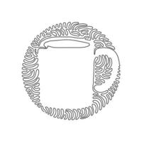 Single one line drawing coffee mug for latte, espresso, cappuccino. Hot coffee ready to drink. Swirl curl circle background style. Modern continuous line draw design graphic vector illustration