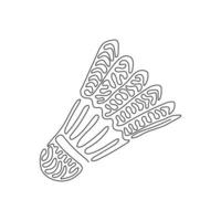 Single continuous line drawing shuttlecock badminton. Sports equipment, competitions, hobbies. Standard of Olympic games. Swirl curl style. Dynamic one line draw graphic design vector illustration