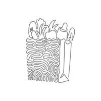 Continuous one line drawing grocery bag with vegetables. Paper package with agricultural products and fruits. Paper bag in swirl curl style. Single line draw design vector graphic illustration