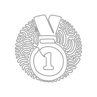 Continuous one line drawing gold medal for first place. Gold medal on ribbon. Award for victory winning first placement achievement. Swirl curl circle background style. Single line draw design vector