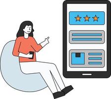 The girl is checking the review on her mobile. vector