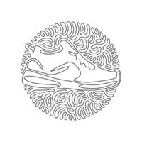 Single continuous line drawing fitness sneakers shoes for training. Sport running shoe for training and fitness. Swirl curl circle background style. One line draw graphic design vector illustration