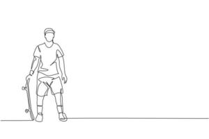 un dibujo de línea continua de un joven patinador que sostiene una patineta y posa con estilo en el parque de patinaje. concepto de deporte adolescente extremo. Ilustración de vector de diseño gráfico de dibujo de línea única dinámica