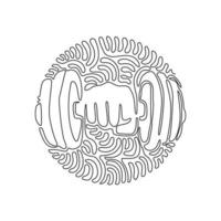 Single continuous line drawing hand with dumbbell. Dumbbell in hand. Gym, fitness, sport label. Train hard. Stay strong. Swirl curl circle background style. Dynamic one line draw graphic design vector