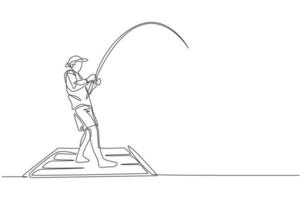 One single line drawing of young happy fisher man standing and flyfishing at the wooden dock pier vector illustration. Holiday traveling for fishing hobby concept. Modern continuous line draw design