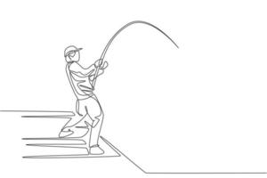 Single continuous line drawing of young happy fisher man fly fishing big bass fish in dock pier. Fishing hobby holiday concept. Trendy one line draw design graphic vector illustration