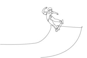 One single line drawing of young skateboarder man exercise riding skateboard in city street vector illustration. Extreme teen lifestyle and outdoor sport concept. Modern continuous line draw design