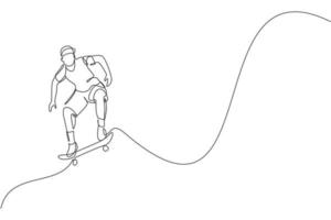 dibujo de una sola línea continua de un joven patinador genial montando patines y realizando trucos en el parque de patinaje. practicando el concepto de deporte al aire libre. ilustración gráfica de vector de diseño de dibujo de una línea de moda