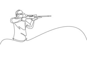 Single continuous line drawing of young athlete man shooter holding gun and training to aim target tactical shooting. Shooting sport training concept. Trendy one line draw design vector illustration