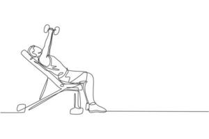 un dibujo de una sola línea del ejercicio de un joven enérgico con press de banca en el gimnasio ilustración vectorial gráfica del centro de fitness. concepto de deporte de estilo de vida saludable. diseño moderno de dibujo de línea continua vector