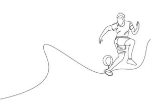 One single line drawing of young man perform soccer freestyle, jump juggling ball with heel at city square vector illustration. Football freestyler sport concept. Modern continuous line draw design