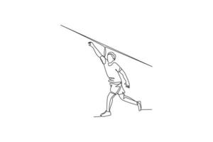 One single line drawing of young energetic man exercise long throwing javelin with power vector graphic illustration. Healthy lifestyle athletic sport concept. Modern continuous line draw design