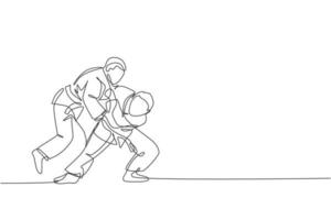 un dibujo de una sola línea de dos jóvenes luchadores judokas enérgicos se centran en la lucha de batalla en la ilustración vectorial del centro de gimnasio. concepto de competición deportiva de artes marciales. diseño moderno de dibujo de línea continua vector