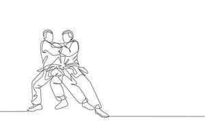 un dibujo de línea continua de dos jóvenes deportistas entrenando técnica de judo en el pabellón deportivo. concepto de competencia deportiva de lucha de batalla de jiu jitsu. Ilustración de vector gráfico de diseño de dibujo de línea única dinámica