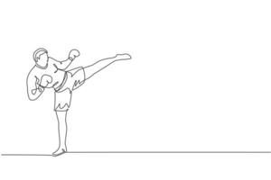 un dibujo de línea continua de un joven deportista kickboxer entrenando una poderosa postura de patada en el centro de gimnasio. concepto de deporte de kickboxing combativo. Ilustración de vector de diseño de dibujo de línea única dinámica