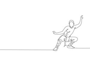 un dibujo de línea continua del joven monje shaolin practica el estilo kung fu en el suelo del templo. concepto de deporte de combate chino tradicional. Gráfico dinámico de ilustración vectorial de diseño de dibujo de una sola línea vector