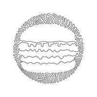 hamburguesa de dibujo de una sola línea, hamburguesa con queso. bollo con chuleta, queso, lechuga, tomate. comida rápida callejera. estilo de fondo de círculo de rizo de remolino. ilustración de vector gráfico de diseño de dibujo de línea continua