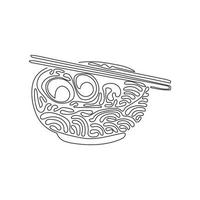 Single continuous line drawing Japanese food ramen noodles with various toppings in bowl. Traditional Asian noodle soup. Swirl curl style. Dynamic one line draw graphic design vector illustration